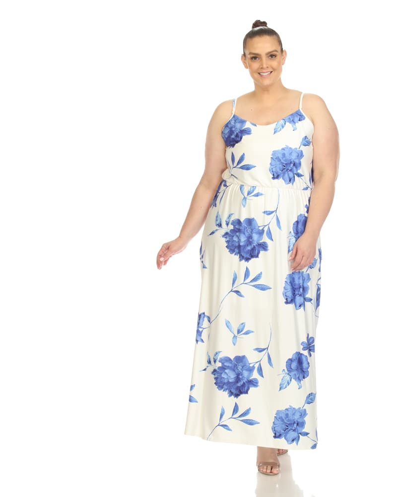 Front of a model wearing a size 2X Floral Strap Maxi Dress in White Blue by White Mark. | dia_product_style_image_id:291121